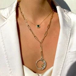 Gold Silver Color Paper Clip Open Link Chain Geometric Y Lariat Micro Pave CZ Leopard Jaguar Pendant Animal Necklace
