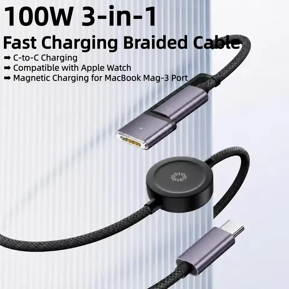 USB Type-C 3 in 1 Data Cable for Magsafe 3 PD 100W Charging Cable 480Mbps 150cm Data Cord for Apple Watch/MacBook/iPhone