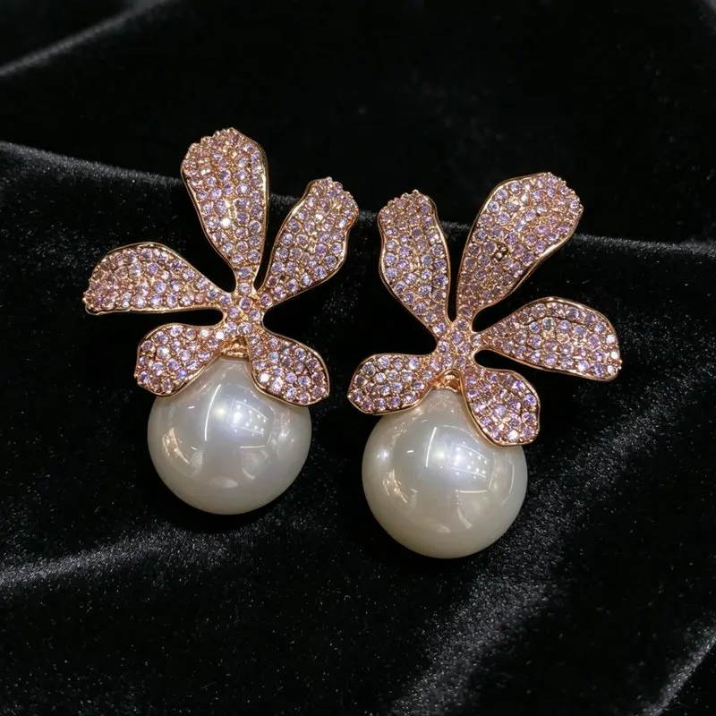 

Bilincolor Fashion Pink Flower with White Synthetic Pearl Earring for Women