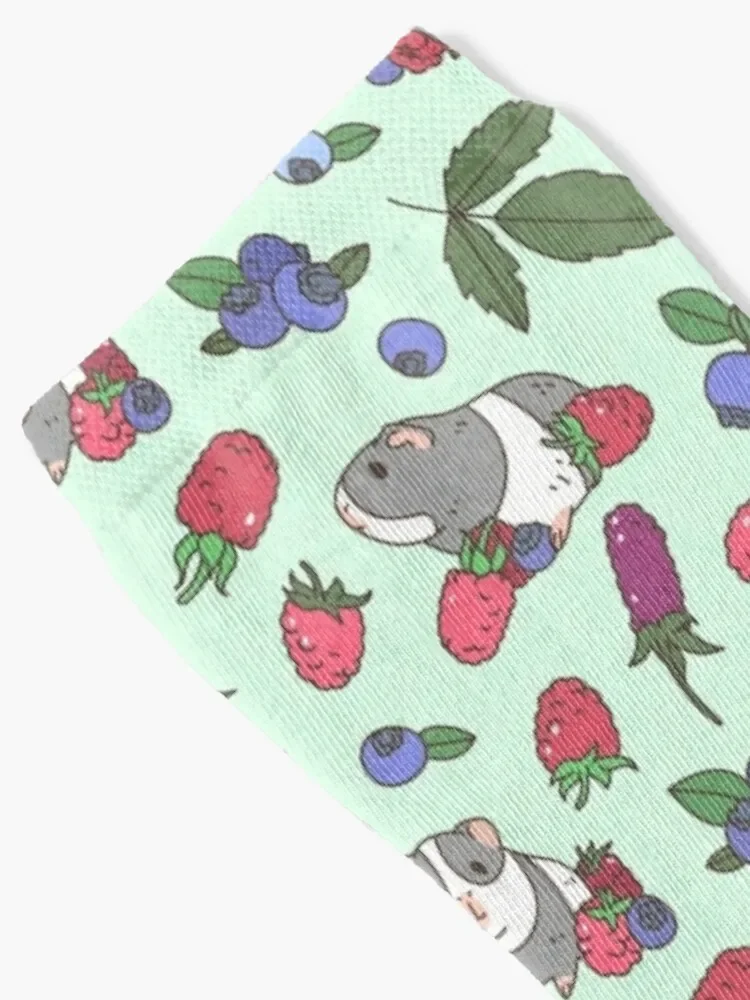 Gray Guinea pig, raspberries and blueberries pattern in mint background Socks custom Novelties Boy Socks Women's