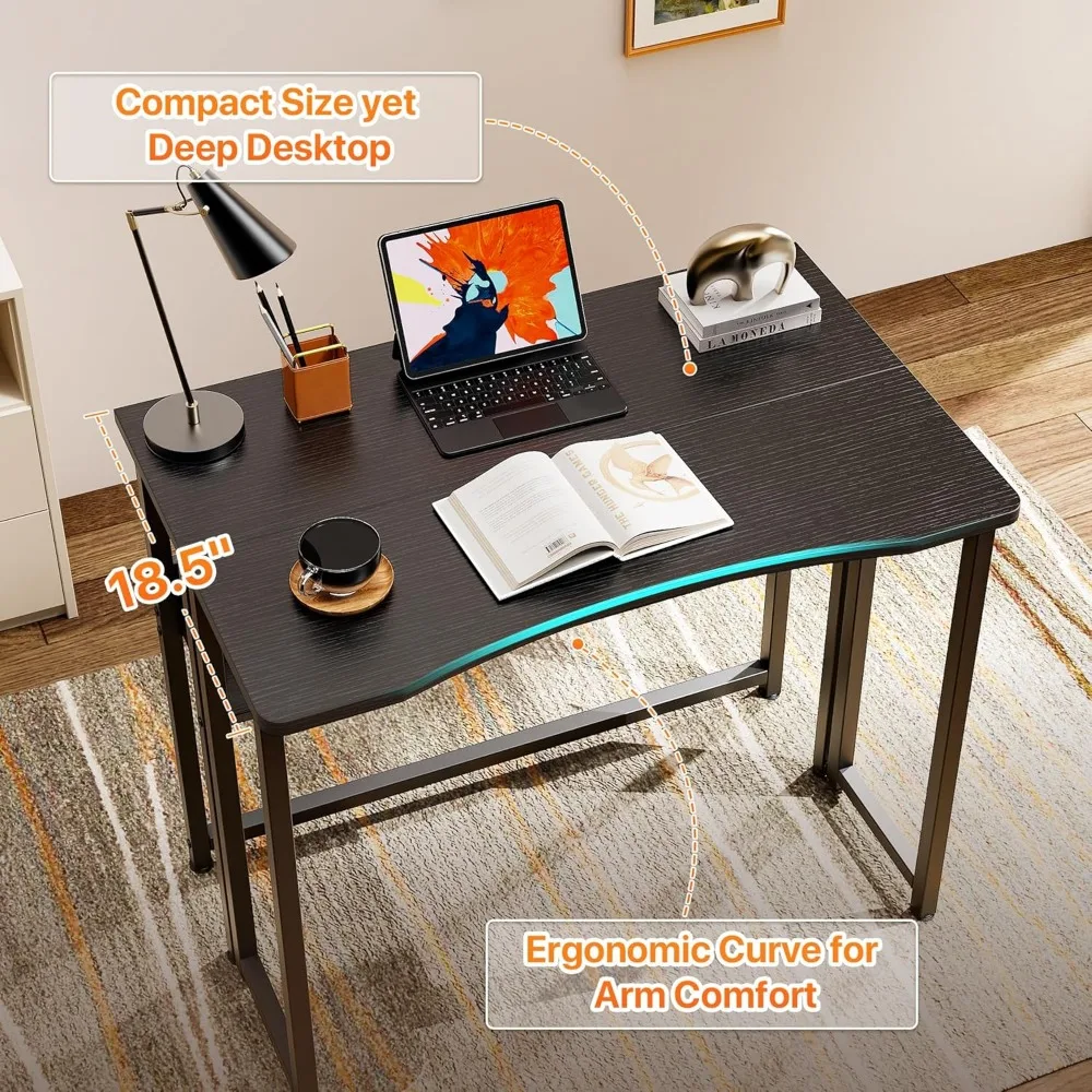 31.5 Inch Foldable Computer Desk with Storage Shelf, Space Saving for Small Spaces, Black