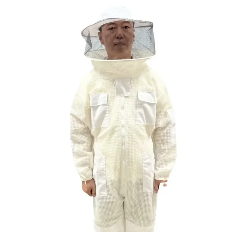 A White Round Hat Anti Bee Suit, Bee Pure Cotton Protective Suit, Complete Set Of One-piece Space Suit