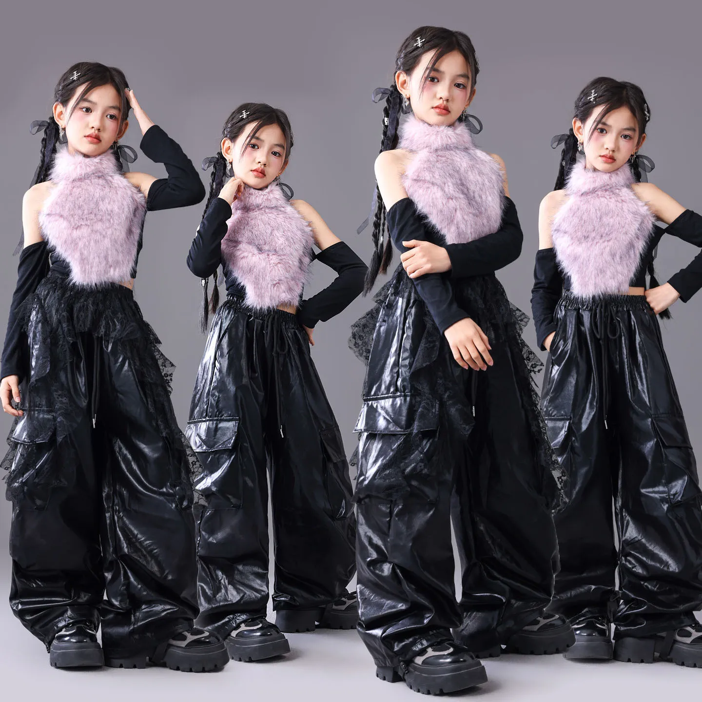 

Kid Kpop Hip Hop Clothing Purple Faux Fur Halter Off Shoulder Crop T Shirt Black Parachute Cargo Pants for Girls Dance Costumes