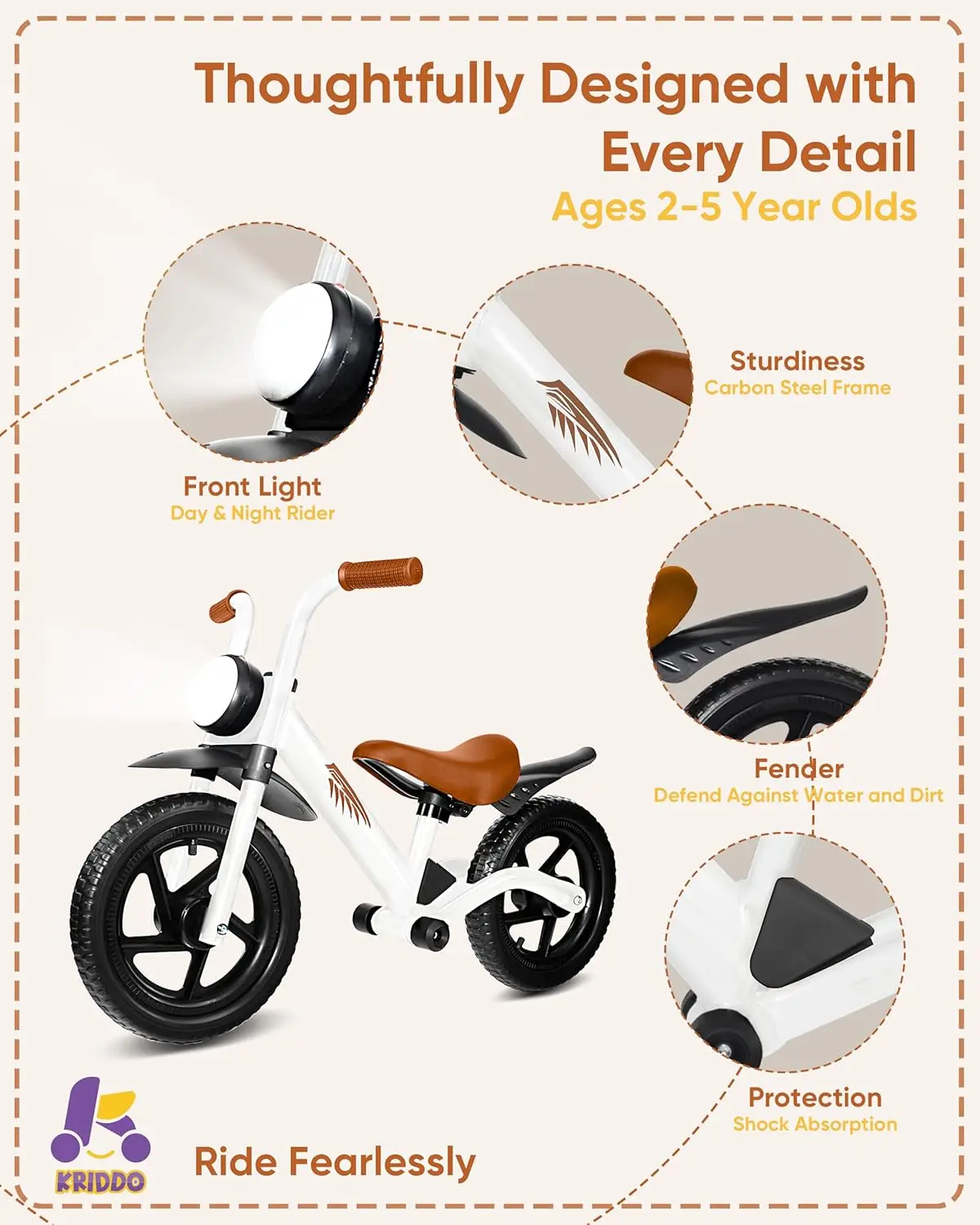 Rowerek biegowy dla dzieci w wieku 2-5 lat, z przednim światłem, ulepszone opony do każdego terenu, ulepszone łożyska zapewniające płynną i stabilną jazdę