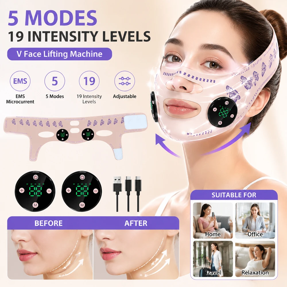 EMS Face Massager V Face Lifting Sculpting Device 5 Modes 19 Levels Low Frequency Pulse Facial Tightening Machine For Home Use