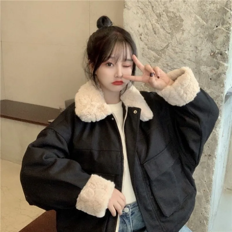 

FL New 2026 Women's ort Cotton Jaet Lamb Fur Lined Loose Fit Korean Sle Winter Coat Trendy Ins Cotton Vest Japanese Sle Oute
