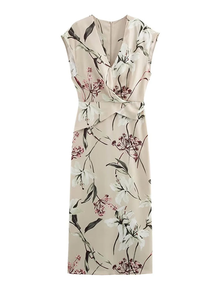 

Sexy Printed V-neck Women's Mini Dress Fashionable Sleeveless Solid Pleated Zipper Dresses Female Summer Chic Casual Holiday