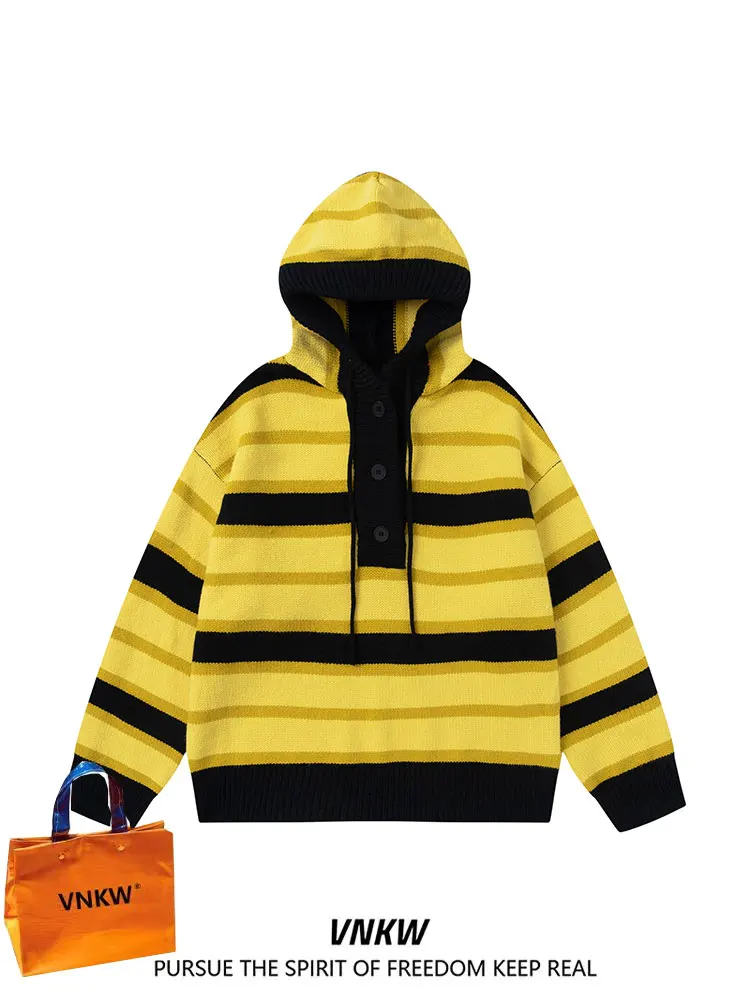 

Dopne Striped Hoodie Knitted Sweater Men's Loose Fit American Retro Overhead Knitted Hat irt Autumn Winter Couple's Faion