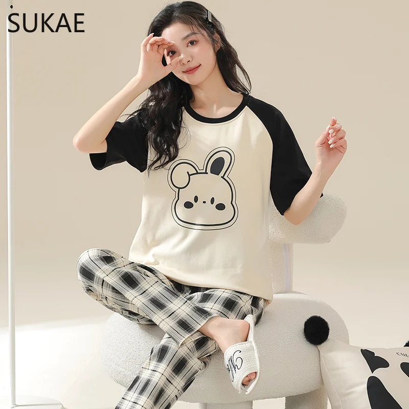 SUKAE Cotton Women\'s Pajama Short Sleeves Nightwear Summer Women Pajamas Set Plus Size M-5XL Sleepwear Korean Pijamas for Girl