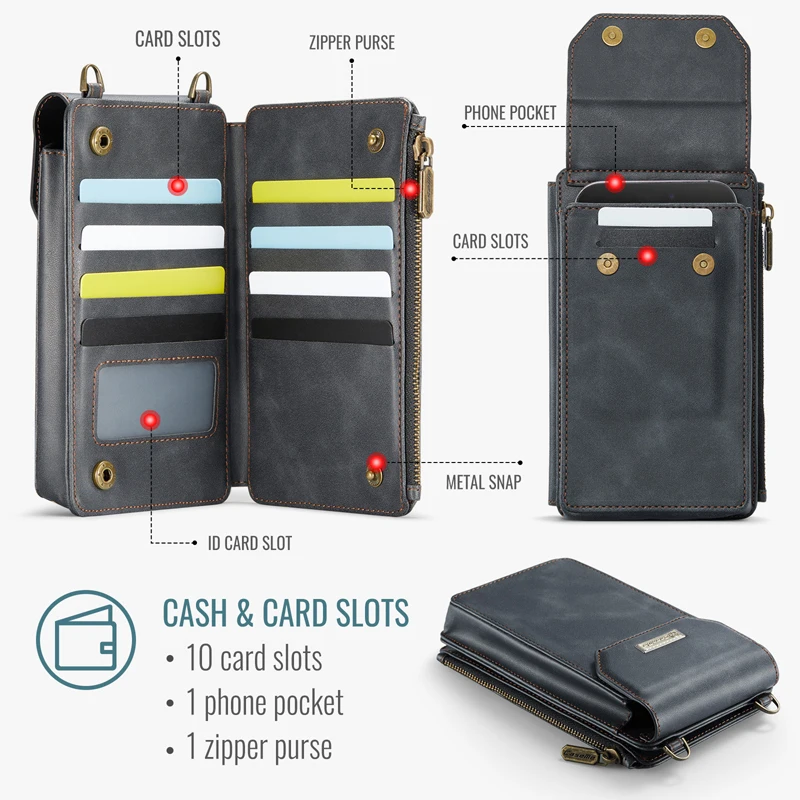 Crossbody Phone Case Caseme Multifunctional Leather Phone Bag Shoulder Purse Punch With Card Slots Metal Hooks Long Clip