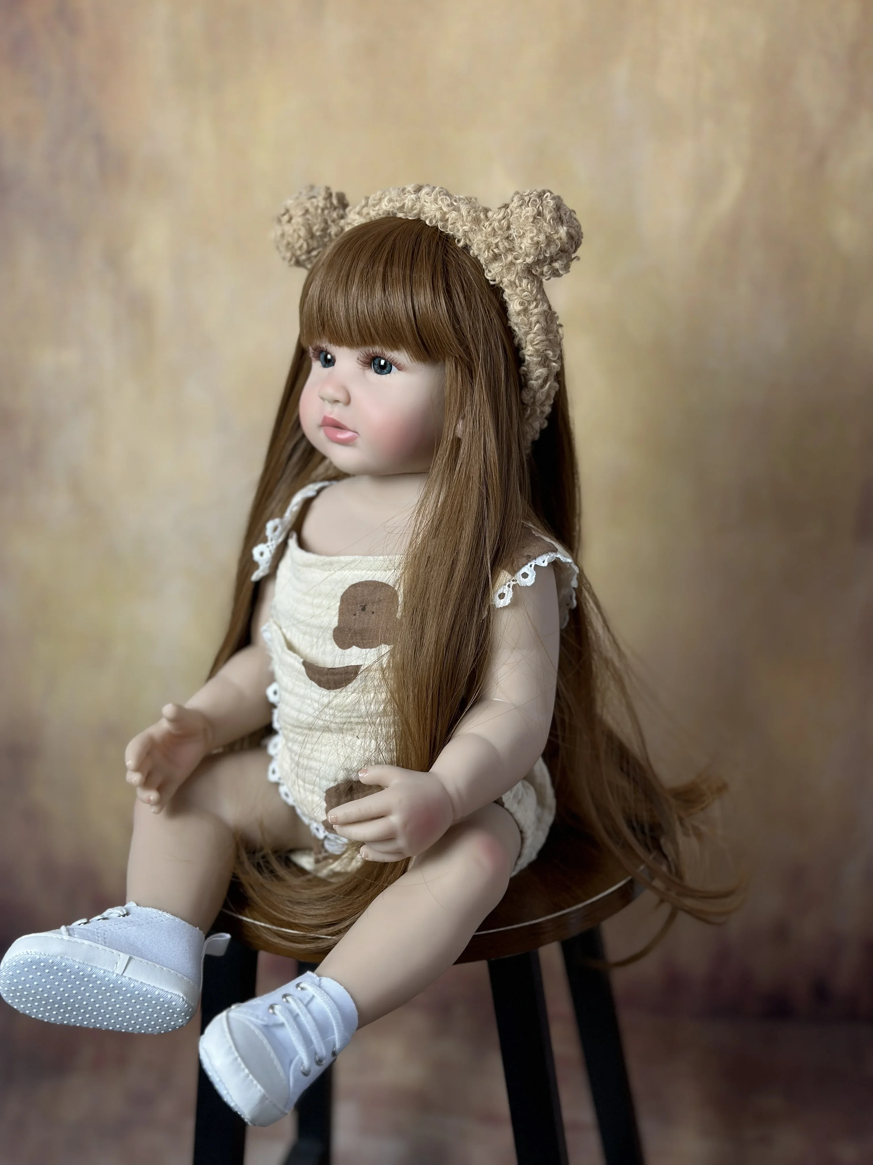 BZDOLL Lifelike 55cm 22inch Reborn Baby Girl Doll Toy Full Silicone Body Brown Long Hair Newborn Princess Toddler Bebe Cute Gift