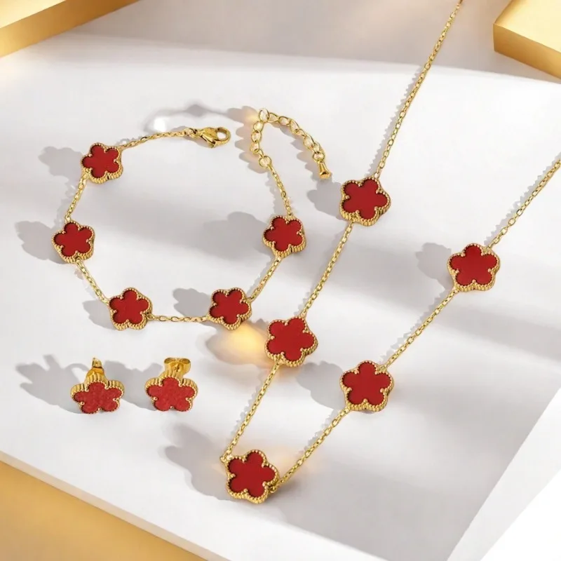 

Double Sided Five-Flower Bracelet Necklace Earrings 18k Plated Gold Stainless Steel Five Point Star Clover Chain Party Jewelry