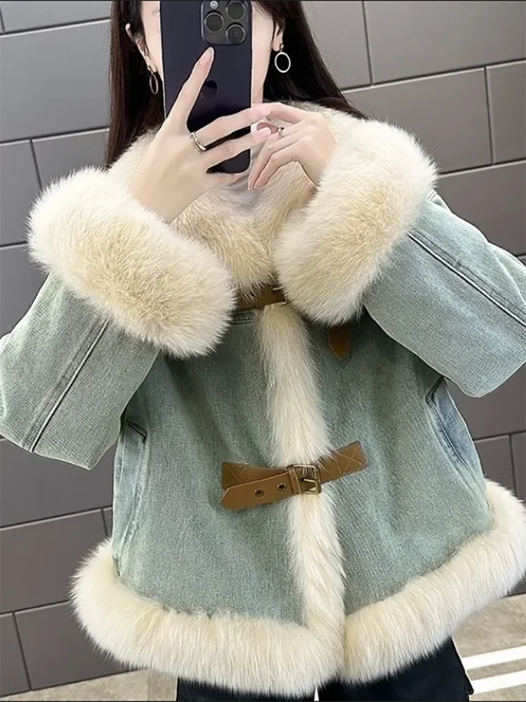 Imitation Fur Jacket Women\'s Denim Parker Clothing 2024 New Autumn Winter Short Down Jacket Fashion Loose Thick Warm Parker Coat