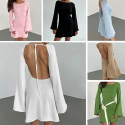 New sexy Backless Round Collar Cover-Ups Solid Color Knit Beachwear Stylish Horn Sleeve Beach suit Female Holiday wrap Dress