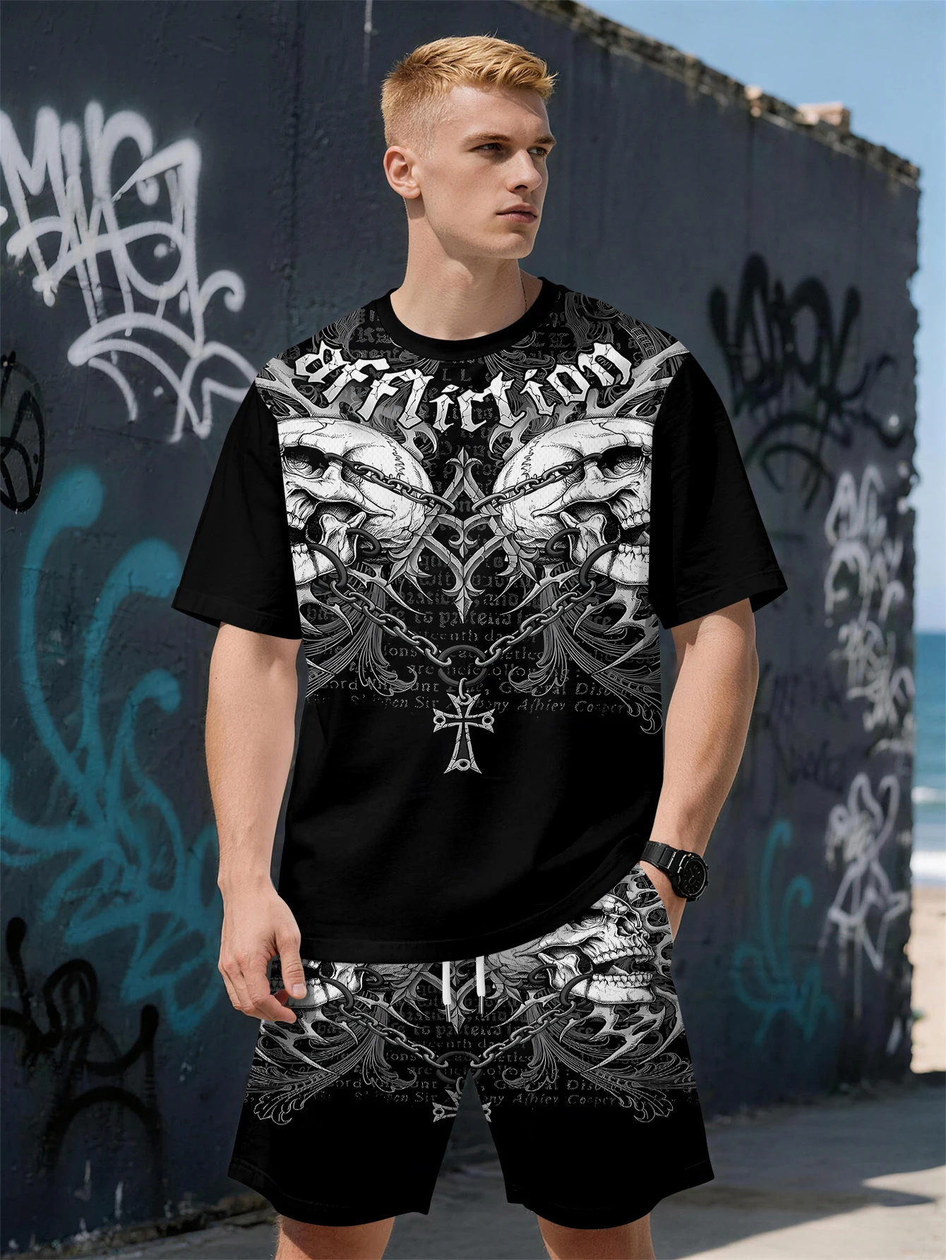 

2026 Summer New Men's Short-Sleeved Set with 3D Skull Pattern Print - Street Casual Fashion Comfortable and Soft