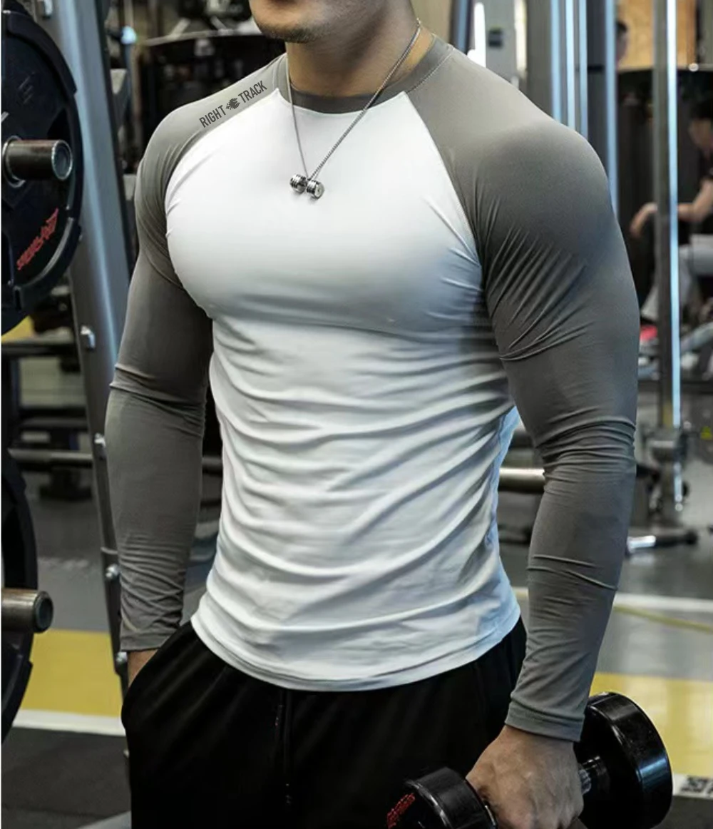 New Men's Long Sleeve GYM Clothes Dual Color Blocking Tights Shirt Sport Fitness RIGHTTRACK Milk Silk Fabric Athletic Wear