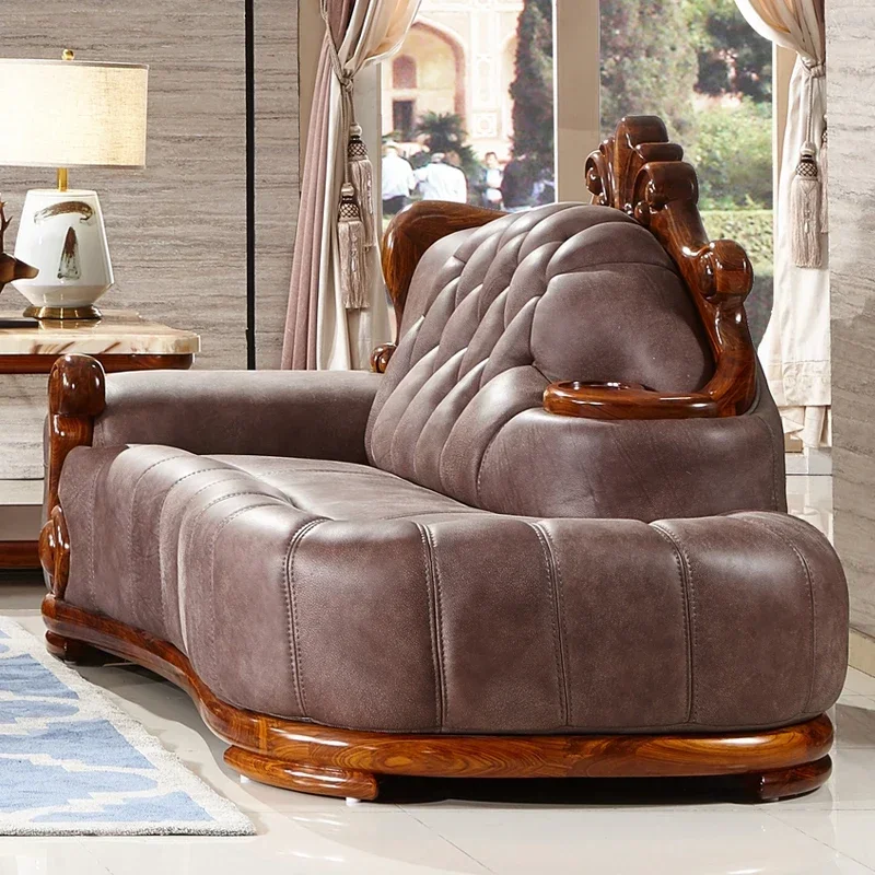 Sofa, solid wood carving, villa, club, top layer leather, living room