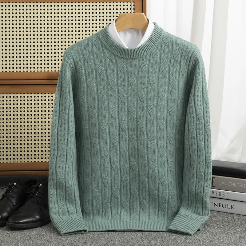 Double thick warm sweater 100% pure wool autumn and winter new men's O-neck simple casual loose Joker knitted cashmere sweater.