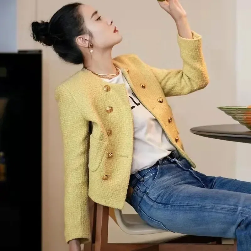 سترة مبطنة قصيرة بأزرار مزدوجة على الطراز الفرنسي الحلو ورقبة دائرية متعددة الاستخدامات لربيع الخريف معطف صغير أنيق للسيدات #2