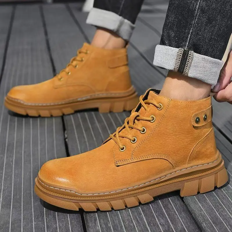 

Men's Autumn Winter New Leather Ankle Boots Thick Sole Non Slip Waterproof Round Toe Lace Up Outdoor Work Boots Walking Boots