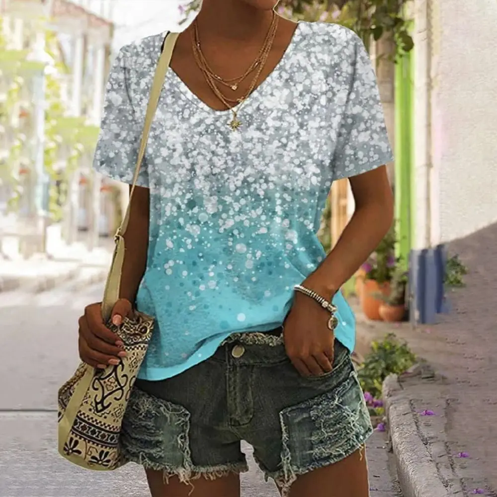 Nowa letnia oddychająca koszulka 3D Gold Glitter Sequin Printed V Neck Shirt Tops Women Street Luxury Oversized Tops Short Sleeve