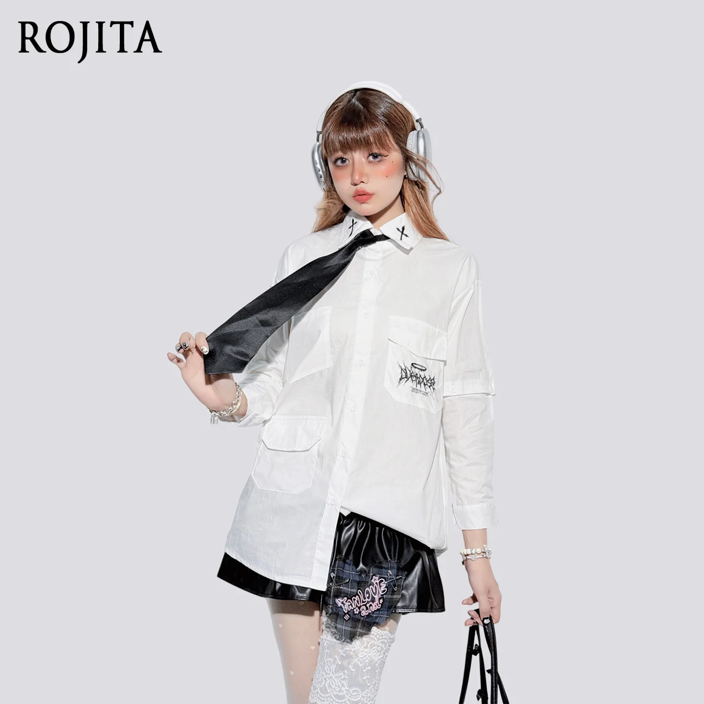 

Long Sleeve Embroidered Shirts 2025 New Matching Sun Protection Jacket Casual Detachable Sleeve Four Seasons Shirt with Tie