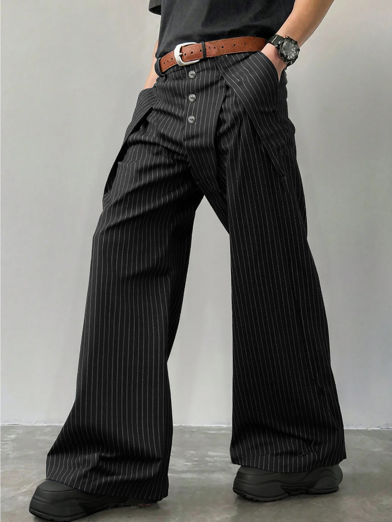 Men's Casual Loose Fit Striped Wide Leg Pants, Fashionable Woven Long Pants for Daily Wear, School, Business Style