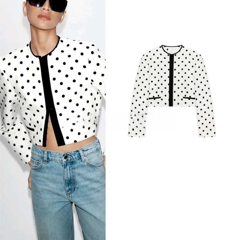 

Summer New Minimalist Style Women's Coat with Shoulder Pads Long Sleeve round Neck Polka Dot Short Length Suit Jacket