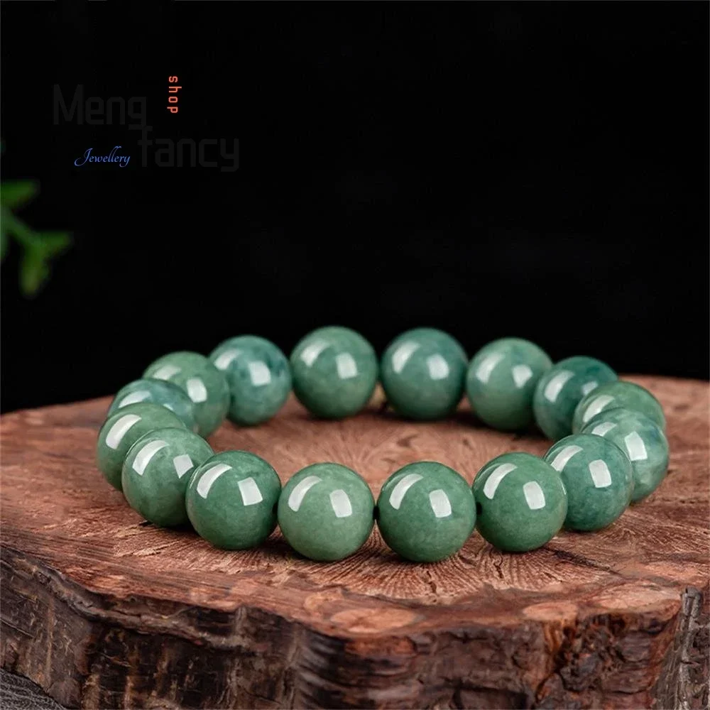 

Natural A-goods Jadeite Deep Bean Green Icy Round Bead Beaded Bracelet Simple Personalized Fashion Couple Jewelry Holiday Gift