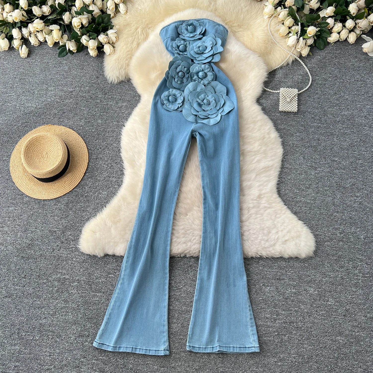 French Elegance Fashion Temperament 3D Flower Sleeveless Strapless High Waist Slim Fit Flare Denim Bodycon Jumpsuit Women Autumn