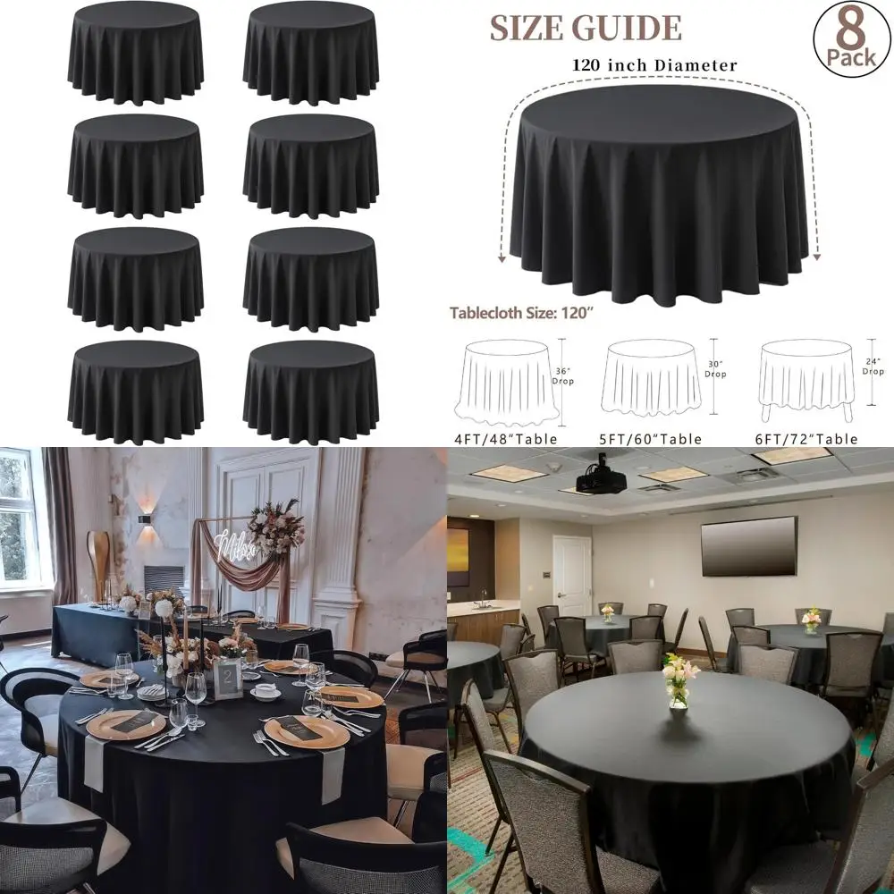 

Round Tablecloth 120 Inch Black Polyester Washable Stain and Wrinkle Resistant Table Cover for 8 Person Dining