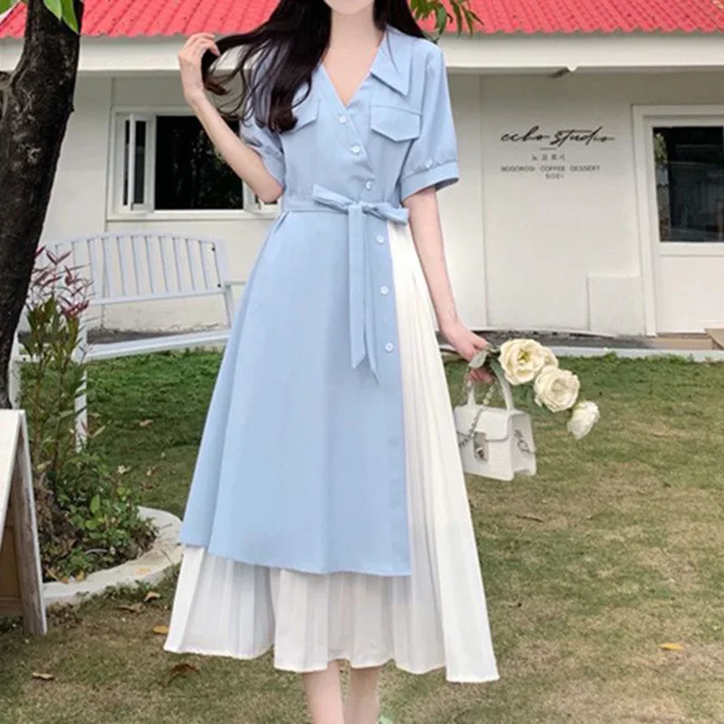 

Fashion Loose Folds Bandage Bow Asymmetrical Midi Dress Women's Clothing 2024 Summer New Oversized Fake Two Pieces Long Dress