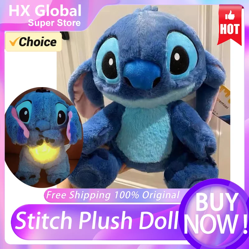 [Hot-Sale] Cute Stitch Plush Doll Baby Sleeping Companion Sound Soothing Musical Kawaii Air Bag Light Doll Breathing Toys Gifts