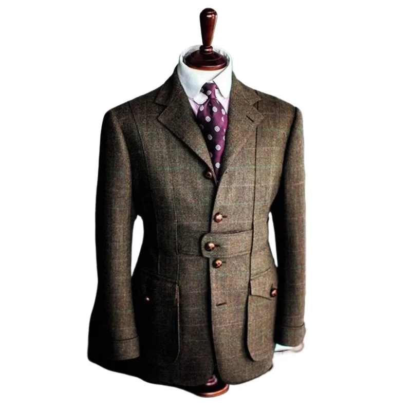 Jaqueta de blazer xadrez masculina, Notch Lapel Collar, Botões Design, Bolsos utilitários, Elegante Elegante Roupas Masculinas