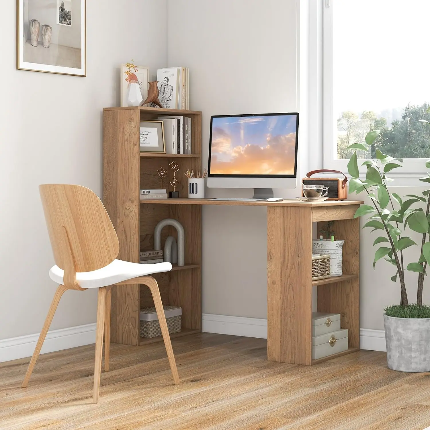 48 Inch Computer Desk with Bookshelf & 4-Tier Bookcase, Reversible Writing Table with CPU Stand for Home Office Bedroom Study, N