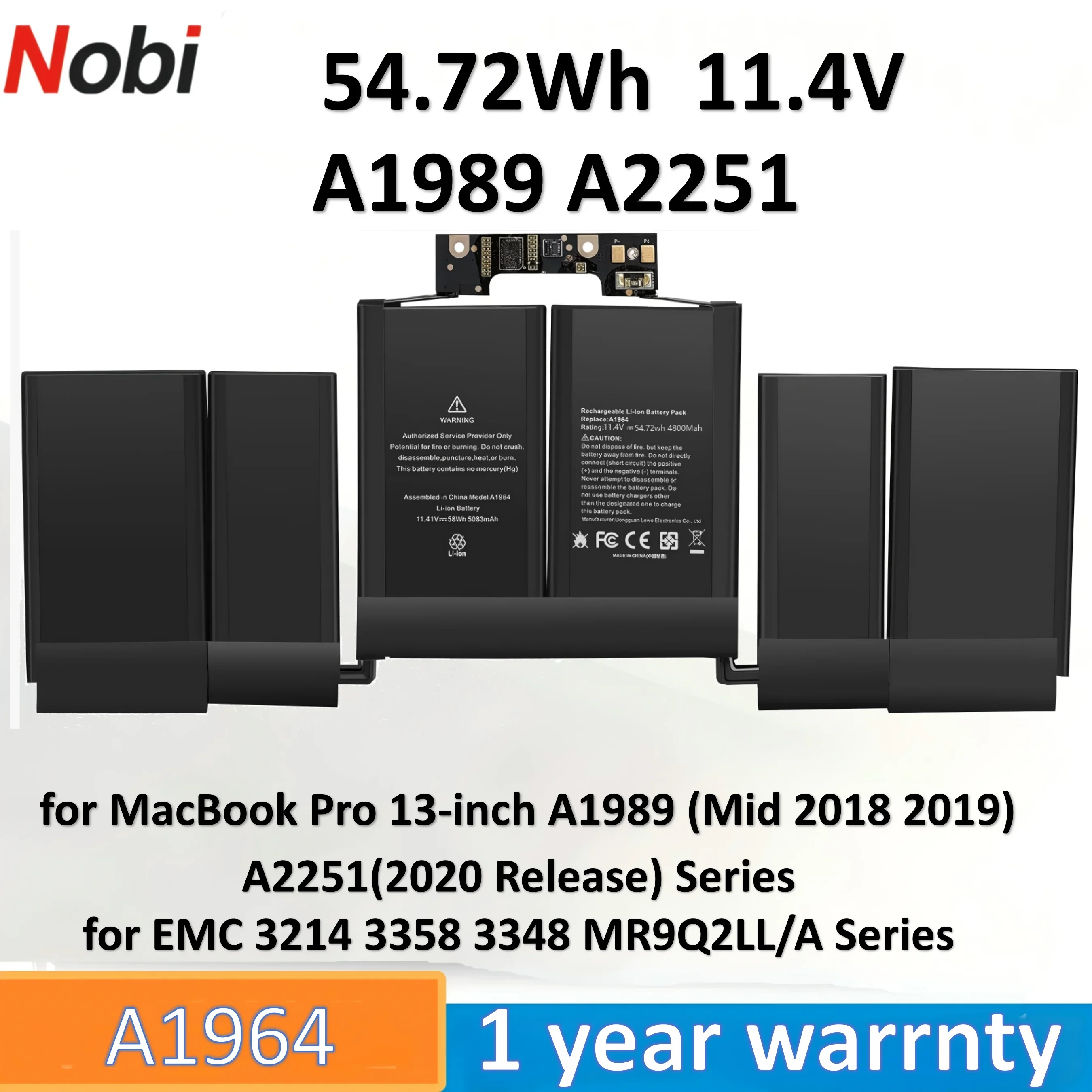 

Nobi A1964 A1989 A2251 Laptop Battery for MacBook Pro 13-inch A1989 (Mid 2018 2019) A2251(2020 Release) EMC 3214 3358 3348