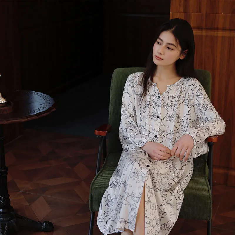 Women 100% Viscose Full Sleeves Nightdress Casual Cardigan Long Style Mid-Calf Nightie Soft Rayon Black printed Nightgowns New