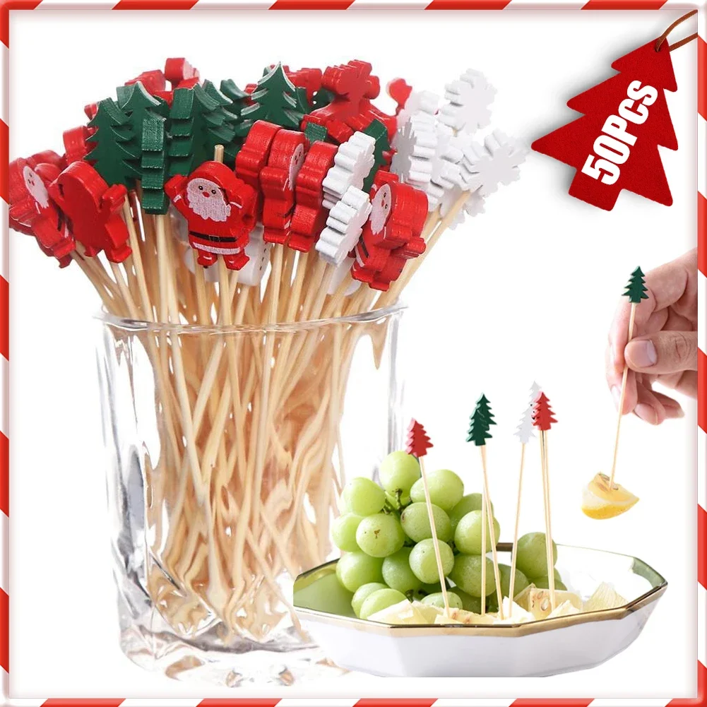 50Pcs/set Christmas Fruit Sticks Disposable Bamboo Sticks Snowflake Christmas Tree Elk Santa Claus Snowman Sticks Xmas Ornaments