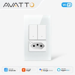 AVATTO Tuya Brazil 4X2 WiFi Wall Switch With Socket,Outlet Touch Sensor 1/2gang Smart Light Switch Glass Panel Alexa Google Home