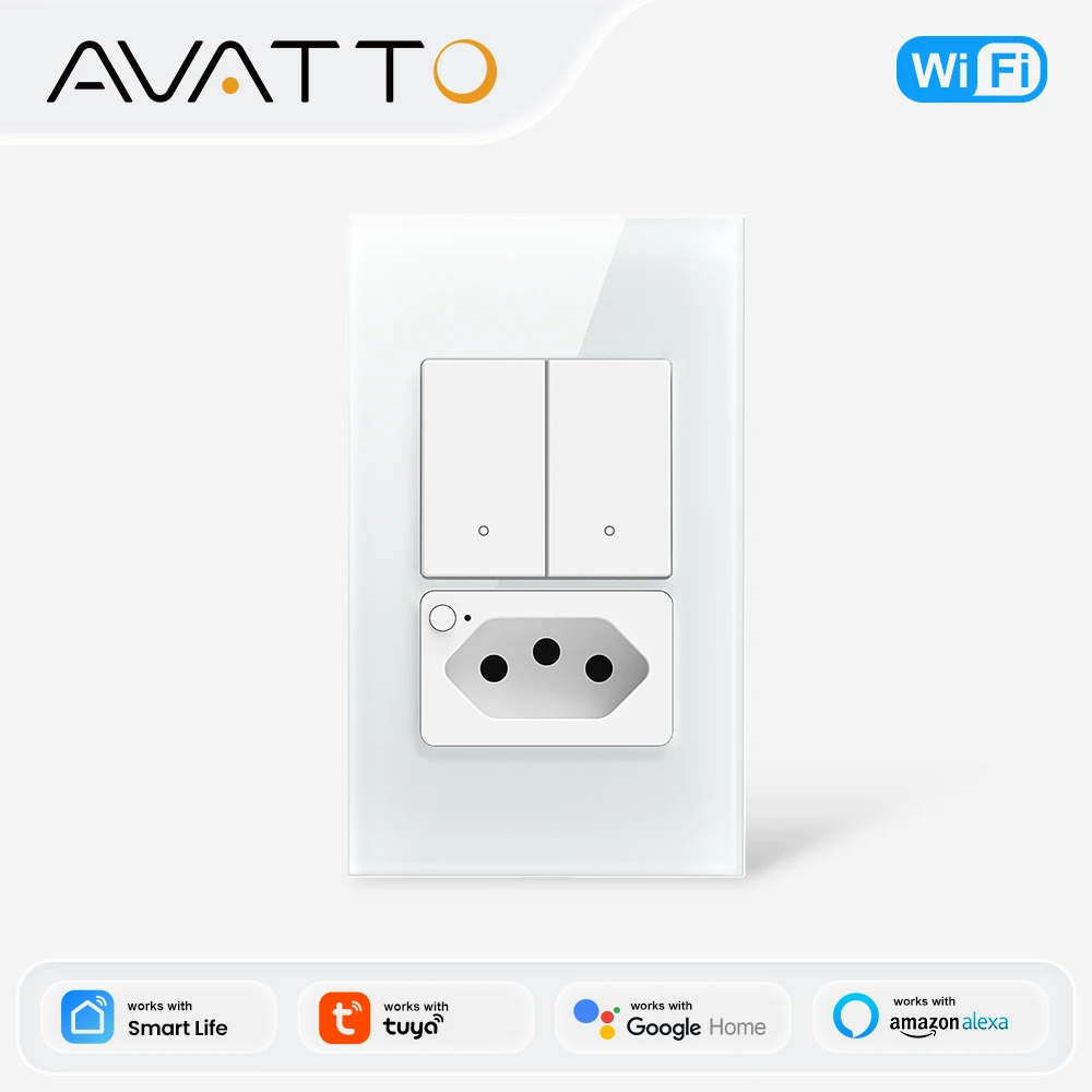 AVATTO Tuya Brazil 4X2 WiFi Wall Switch With Socket,Outlet Touch Sensor 1/2gang Smart Light Switch Glass Panel Alexa Google Home