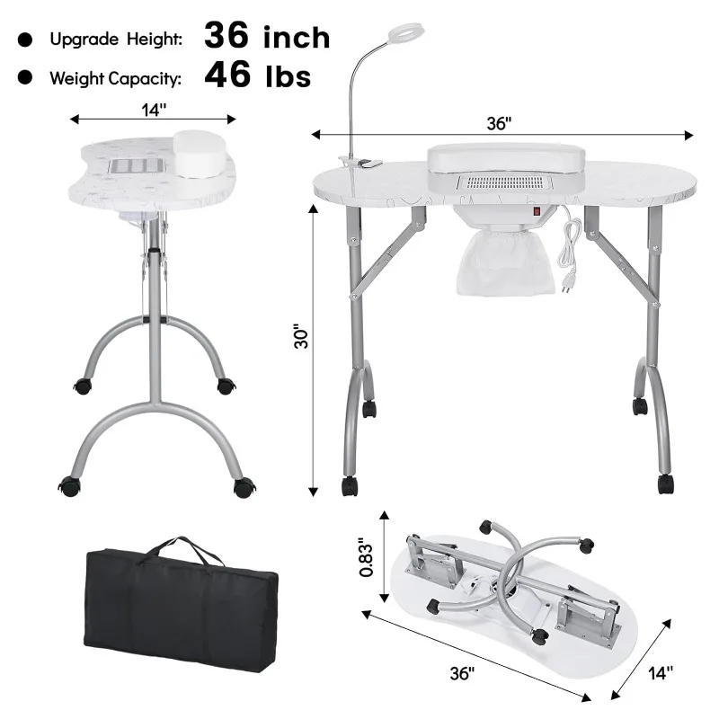 Nail Table, Foldable Nail Table with Built-in Dust Collector, Client Wrist Pad,LED Table Lamp, Carrying Bag,Nail Workstation