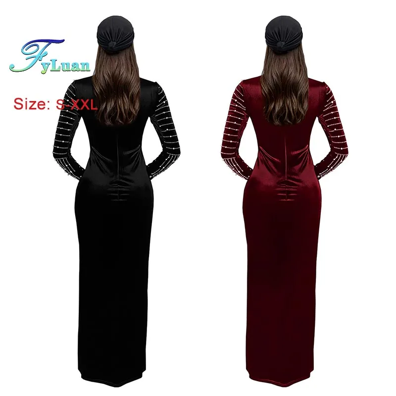 2026年ファッション女性服 エレガントなパーティロングドレス スエード ホットラインストーン 長袖 マキシドレス セクシー スリムドレス プロムガウン