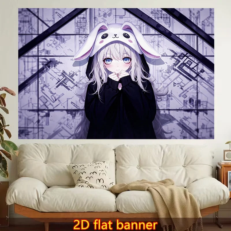 1pc Stylish 2D Flat Printed Wall Tapestry, Anime Girl With Bunny Ears Urban Background Polyester Wall Hanging for Living Room Be