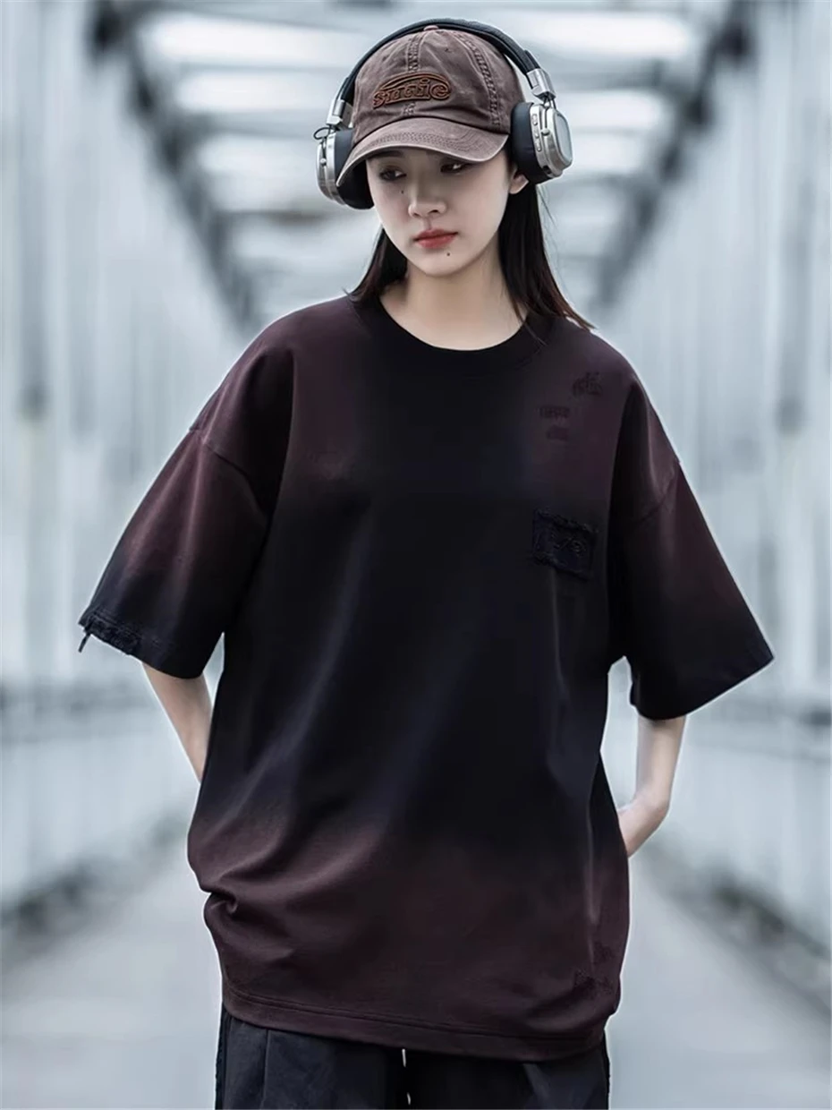 Mens Gradient Patch T-Shirt Streetwear Hip Hop Punk Y2k Short Sleeve TShirt Men Oversized Harajuku Vintage Casual Tees Tops Male