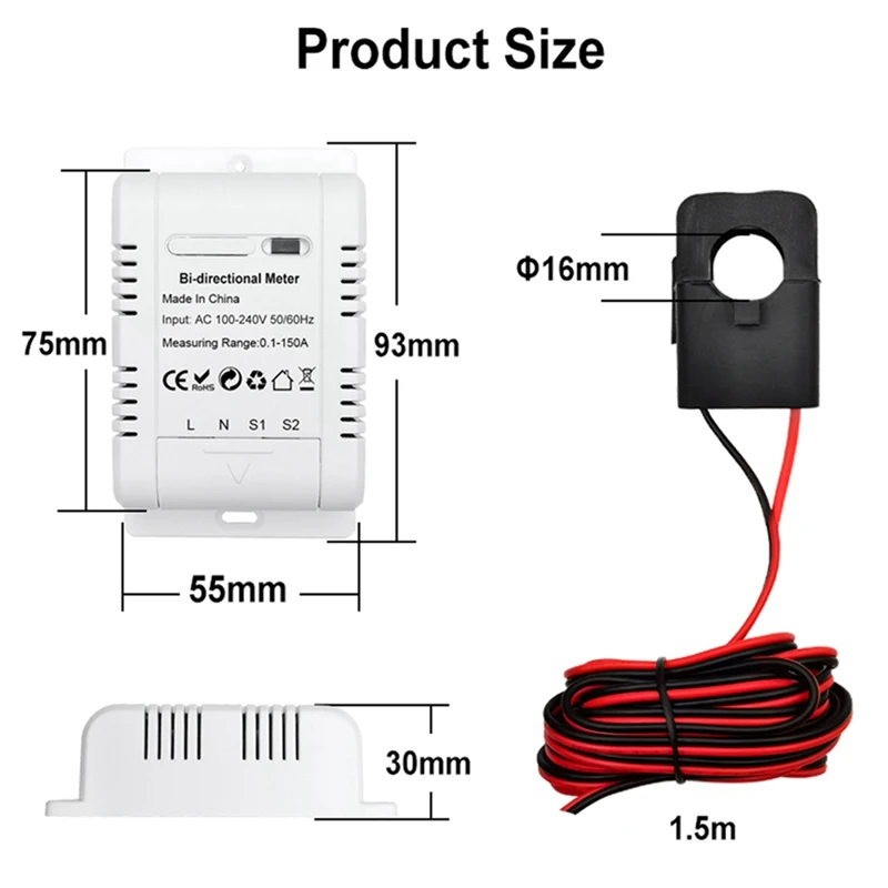 Tuya Wifi Intelligent Bidirectional Single-Phase Energy Meter Solar System Power Production Consumption Monitoring Meter White