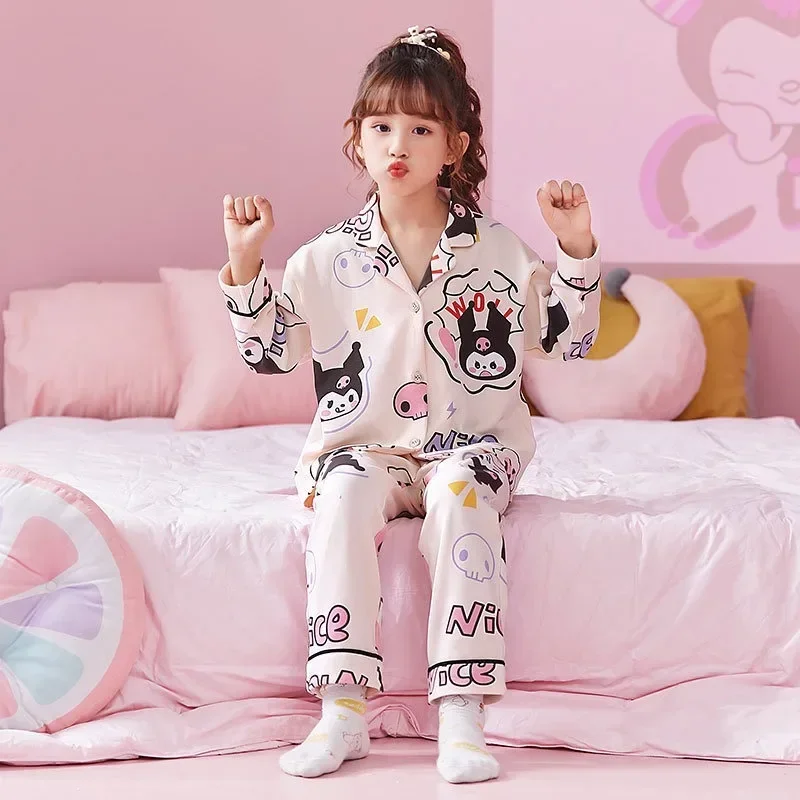 Cute Sanrios Children's Comfortable Pajama Set Cartoon My Melody Cinnamoroll Kuromi Kawaii Cardigan Long Sleeved Pants Home Wear