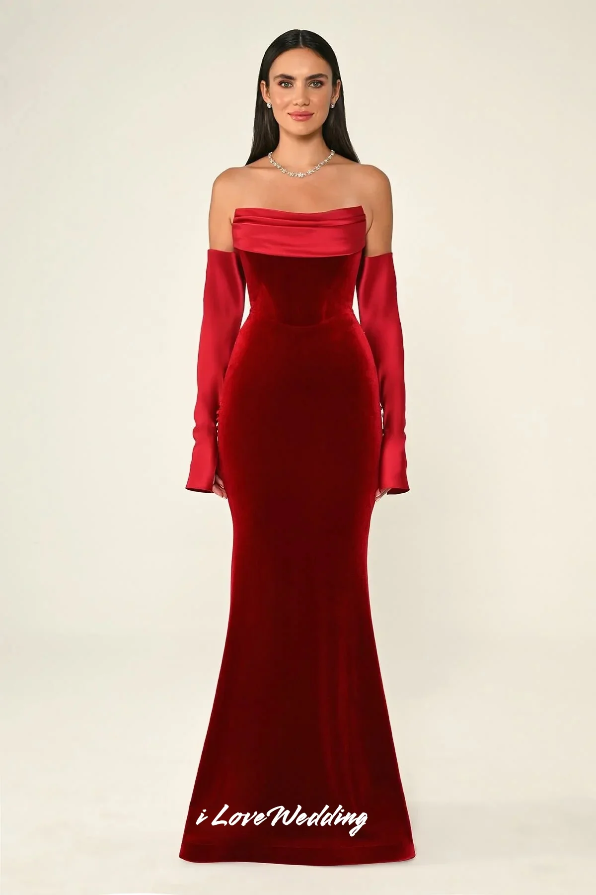 

Red Strapless Prom Dresses 2025 Satin Long Sleeve Button Mermaid Elegant Pleated Floor Length Wedding Party Dresses Customized
