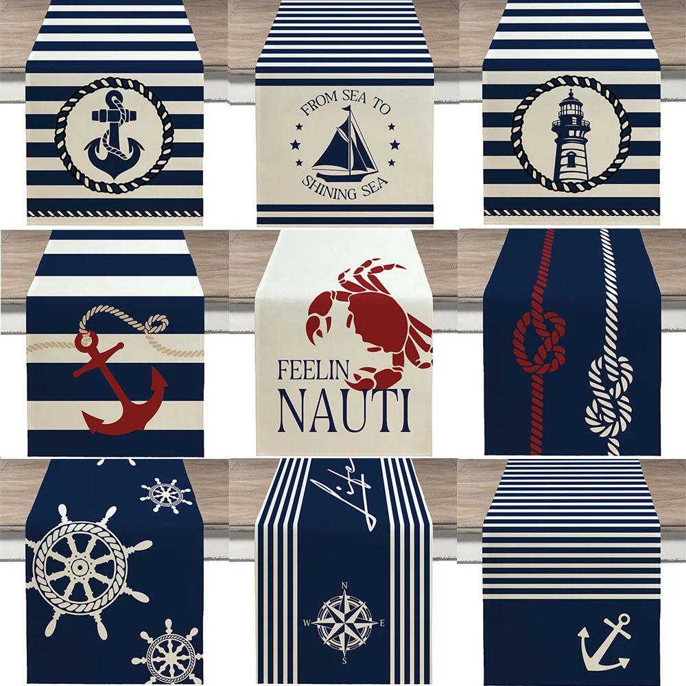 1pc Nautical Theme Table Runner Ocean Adventure Boat Anchor Compass Pattern Design Decorative Table Runner Kitchen Table Decor