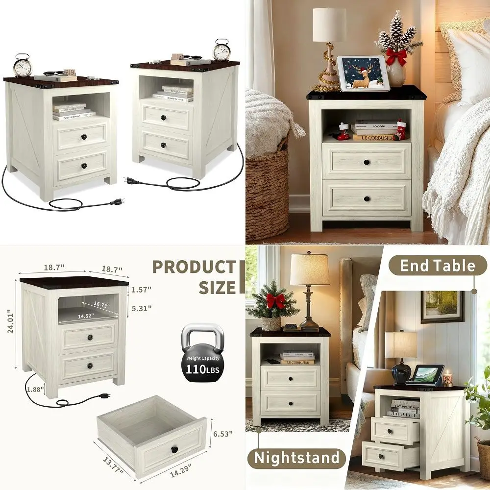 Night Stand Set of 2 with Charging Station, Rustic 18 Inch Bedside Table with 2 Storage Drawers and Open Shelf, Modern Wood End