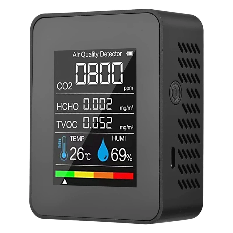 5 In 1 Air Quality Monitor TVOC HCHO Temperature Humidity CO2 Meter, USB Rechargeable CO2 Detector